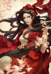 Rule 34 | 1girl, black hair, bug, butterfly, dress, facepaint, floral background, highres, holding, holding instrument, insect, instrument, jjlovely, long hair, looking at viewer, open clothes, open dress, original, red dress, red headwear, red lips, shirt, solo, tagme, white shirt