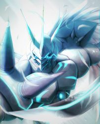 Rule 34 | armor, blue eyes, digimon, feathers, highres, looking at viewer, omegamon merciful mode, solo, sword, weapon, wings