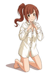 Rule 34 | 1girl, barefoot, brown eyes, brown hair, closed mouth, commentary request, dress shirt, fingers together, full body, hair tie, idolmaster, idolmaster cinderella girls, igarashi kyoko, kneeling, lielos, long sleeves, looking at viewer, medium hair, naked shirt, no pants, one side up, panties, pantyshot, partial commentary, partially unbuttoned, shadow, shirt, simple background, smile, solo, underwear, white background, white panties, white shirt, wing collar