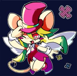 Rule 34 | 1girl, animal ears, blush stickers, breasts, chibi, green hair, hat, leotard, mad rat dead, mouse (animal), mouse ears, mouse girl, mouse tail, nippon ichi, rat god, red eyes, tail, top hat, wings, wrist cuffs