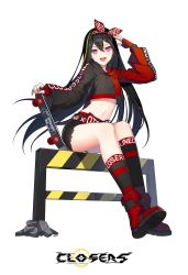 Rule 34 | 1girl, :d, arm up, belt, black hair, black shorts, black socks, boots, closers, crop top, crop top overhang, cutoffs, drawstring, fingerless gloves, gloves, hair between eyes, hairband, highres, holding, long hair, long sleeves, looking at viewer, luna aegis (closers), midriff, multicolored hair, navel, official art, open mouth, purple eyes, red gloves, salute, shirt, short shorts, shorts, sitting, skateboard, smile, socks, solo, stomach, streaked hair, thighs, two-tone shirt, very long hair, wide sleeves