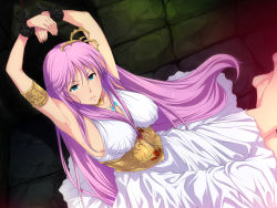 Rule 34 | 1girl, angry, armpits, arms up, athena, bare arms, bare shoulders, barefoot, blue eyes, breasts, cuffs, dress, dungeon, feet, female focus, hair ornament, highres, jewelry, kido saori, large breasts, legs, long hair, looking at viewer, lots of jewelry, purple hair, raised eyebrows, restrained, saint seiya, sitting, slave, sleeveless, solo, someoka yusura, sweat, thighs, white dress