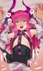 Rule 34 | 1boy, 1girl, armpits, blue eyes, commentary request, curled horns, dragon girl, dragon horns, elizabeth bathory (fate), elizabeth bathory (fate/extra ccc), elizabeth bathory (first ascension) (fate), fate/extra, fate/extra ccc, fate/grand order, fate (series), flat chest, heart, highres, hikichi sakuya, horns, implied sex, long hair, looking at viewer, open mouth, out-of-frame censoring, panties, pink hair, pink stripes, pointy ears, purple ribbon, ribbon, saliva, skirt, solo focus, spoken heart, striped clothes, striped panties, underwear