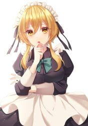 Rule 34 | 1girl, absurdres, alternate costume, apron, blonde hair, bow, bowtie, commentary request, crossed arms, enmaided, frilled apron, frills, genshin impact, green bow, green bowtie, hair between eyes, hand on own chin, highres, long sleeves, looking at viewer, lumine (genshin impact), maid, maid apron, maid headdress, mochimori kusunoki, parted lips, short hair, short hair with long locks, sidelocks, simple background, solo, white apron, white background, yellow eyes