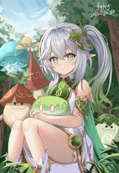 Rule 34 | 1girl, aranara (genshin impact), bloomers, blush, cape, closed mouth, creature, cross-shaped pupils, day, detached sleeves, dress, feet out of frame, fungi (genshin impact), genshin impact, gold trim, gradient hair, green cape, green eyes, green hair, green sleeves, hair ornament, highres, holding, holding creature, hug, leaf hair ornament, long hair, looking at viewer, multicolored hair, nahida (genshin impact), outdoors, pointy ears, side ponytail, sidelocks, signature, sitting, sleeveless, sleeveless dress, slime (genshin impact), smile, solo, symbol-shaped pupils, thighs, tree, underwear, white bloomers, white dress, white footwear, white hair, zhushameiliu