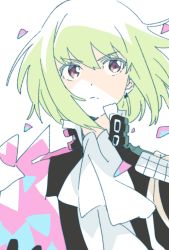 Rule 34 | 1boy, black jacket, closed mouth, frown, green hair, highres, jacket, lio fotia, looking at viewer, male focus, namori, promare, purple eyes, short hair, simple background, solo, trap, white background
