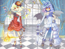 Rule 34 | 2girls, alternate costume, amano miyabi, bat wings, blonde hair, blue dress, checkered floor, closed umbrella, curtains, dress, earrings, elbow gloves, fang, female focus, fire, flandre scarlet, floor, frills, garter belt, garter straps, gloves, hair ornament, hand on own hip, hand to own mouth, high heels, hip focus, holding, jewelry, laevatein, leg ribbon, light purple hair, looking at viewer, monocle, multiple girls, nail polish, no socks, open mouth, painting (medium), platform footwear, purple hair, red dress, red eyes, remilia scarlet, ribbon, shoes, short hair, siblings, side ponytail, sisters, skirt, smile, stained glass, standing, stuffed animal, stuffed toy, teddy bear, thighhighs, touhou, traditional media, umbrella, watercolor (medium), window, wings, wrist cuffs, yellow eyes