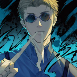 Rule 34 | 1boy, absurdres, aura, bandages, blonde hair, blue background, blue shirt, closed mouth, collared shirt, dress shirt, hand up, highres, holding, jujutsu kaisen, looking at viewer, male focus, mouth hold, nanami kento, panpanmeiyou hp, round eyewear, shirt, short hair, solo, sunglasses, suspenders, upper body