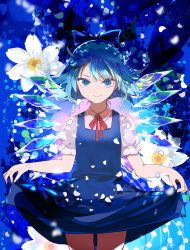 Rule 34 | 1girl, ahoge, arms at sides, blouse, blue bow, blue dress, blue eyes, blue hair, blue theme, bow, cirno, collared shirt, commentary, cowboy shot, diffraction spikes, dress, floating hair, flower, frilled sleeves, frills, hair bow, highres, ice, ice wings, kerok (joniko1110), looking at viewer, neck ribbon, petals, pinafore dress, puffy sleeves, red ribbon, ribbon, shirt, short hair, skirt basket, skirt hold, sleeveless dress, smile, solo, touhou, white flower, white shirt, wing collar, wings
