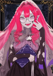 1girl baobhan_sith_(fate) baobhan_sith_(swimsuit_pretender)_(fate) baobhan_sith_(swimsuit_pretender)_(second_ascension)_(fate) black_nails black_skirt blush book breasts capelet commentary detached_sleeves ear_piercing fangs fate/grand_order fate_(series) glasses grey_capelet grey_eyes hand_up highres holding holding_book kou_0623 long_hair long_sleeves looking_at_viewer open_mouth piercing pink_hair pointy_ears purple_shirt round_eyewear shirt sidelocks skirt smile solo