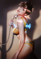 Rule 34 | 1girl, ass, breasts, brown eyes, brown hair, female focus, firolian, from side, head tilt, highres, holding, holding shower head, indoors, lips, looking at viewer, medium breasts, open mouth, overwatch, overwatch 1, patreon username, realistic, short hair, shower head, showering, solo, sports bra, standing, teeth, tracer (overwatch), underwear, watermark, web address