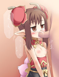 Rule 34 | 1boy, 1girl, blush, bow, breasts, breasts out, brown eyes, brown hair, bun cover, censored, fellatio, glasses, hetero, katami shinta, mosaic censoring, nipples, no bra, oral, penis, pointy ears, shaomei, small breasts, solo focus, summon night