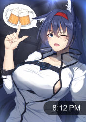 Rule 34 | 1girl, alcohol, animal ears, arknights, beer, beer mug, black hair, blaze (arknights), blue eyes, breasts, cat ears, chapter0p, cup, fang, hairband, highres, index finger raised, large breasts, long hair, mug, one eye closed, solo, speech bubble