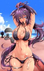 Rule 34 | 2girls, ?, absurdres, ahoge, armpits, arms up, bare shoulders, beach, bikini, black bikini, black hair, blue eyes, blue sky, blush, breast tattoo, breasts, burnt, claws, cleavage, cloud, collarbone, commentary request, cowboy shot, day, dragon girl, dragon horns, dragon tail, flower tattoo, g (genesis1556), green eyes, hair between eyes, hair ornament, hairclip, heterochromia, highres, horns, large breasts, leg tattoo, lily (g (genesis1556)), long hair, looking at viewer, low ponytail, mia (g (genesis1556)), monster girl, mouth hold, multicolored hair, multiple girls, navel, ocean, original, outdoors, pink hair, purple hair, sacabambaspis, scales, shadow, shark, sidelocks, skindentation, sky, solo focus, spoken question mark, standing, stomach, swimsuit, tail, tattoo, thigh strap, two-tone hair, untied bikini, very long hair, whale