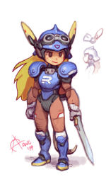 Rule 34 | 1other, androgynous, animal ears, armor, armored boots, arne (android arts), blonde hair, blue footwear, boots, brown eyes, fake animal ears, goggles, goggles on headwear, helmet, holding, holding sword, holding weapon, humanization, long hair, no pupils, pauldrons, power armor, rocket knight adventures, shoulder armor, signature, solo, sparkster, sword, tail, thrusters, weapon