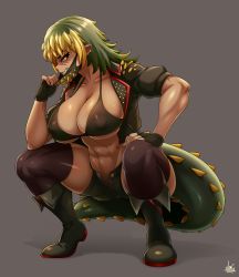 Rule 34 | 1girl, abs, absurdres, bikini, bikini top only, blonde hair, boots, breasts, brown thighhighs, buttons, cleavage, cleft of venus, collarbone, collared jacket, covered erect nipples, deviljho, dinosaur tail, earclip, fingerless gloves, full body, gloves, green footwear, green gloves, green hair, green shorts, grey background, grin, hand up, highres, huge breasts, jacket, jmg, long hair, looking at viewer, mask, mask pull, monster hunter, monster hunter (series), monster hunter 3, mouth mask, multicolored hair, navel, open clothes, open fly, open jacket, open shorts, personification, pointy ears, pulled by self, scar, sharp teeth, shiny skin, short shorts, short sleeves, shorts, shoulder spikes, sidelocks, sideways glance, signature, simple background, skindentation, slit pupils, smile, solo, spikes, spread legs, squatting, stomach, swimsuit, tail, tan, teeth, thighhighs, two-tone hair, unbuttoned, unzipped, v-shaped eyebrows, yellow eyes, zipper, zipper pull tab