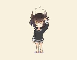 Rule 34 | 1girl, alternate costume, barefoot, beige background, black hair, black sweater, brown hair, commentary request, full body, hair flaps, hatsuzuki (kancolle), kantai collection, looking at viewer, messy hair, one eye closed, saiguchi otoufu, short hair, shorts, sleepwear, sleepy, solo, striped clothes, striped shorts, sweater, yellow eyes