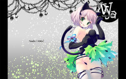 Rule 34 | 1girl, :3, animal ears, ass, bad id, bad pixiv id, bare shoulders, blunt bangs, bob cut, breasts, cat ears, cat tail, elbow gloves, fake animal ears, fang, from behind, gloves, green eyes, light smile, looking at viewer, looking back, nyan, one-piece thong, open mouth, original, paw pose, pillarboxed, pink hair, santa matsuri, short hair, silver hair, solo, tail, thighhighs, white thighhighs