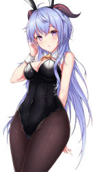 Rule 34 | 1girl, absurdres, animal ears, arm behind back, bare shoulders, bell, black pantyhose, blue hair, blush, breasts, cleavage, commentary request, covered navel, cowbell, detached collar, eyebrows, fake animal ears, ganyu (genshin impact), genshin impact, goat horns, hand on own cheek, hand on own face, hand up, head tilt, highres, horns, huge filesize, legs together, leotard, long hair, looking at viewer, medium breasts, neon (hhs9444), pantyhose, parted bangs, parted lips, pink eyes, playboy bunny, rabbit ears, sidelocks, simple background, solo, white background, wristband