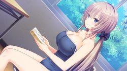 Rule 34 | 1girl, :o, bare legs, bare shoulders, blonde hair, blue eyes, blush, book, breasts, chair, classroom, cleavage, desk, dutch angle, female focus, game cg, hands up, highres, holding, holding book, indoors, large breasts, legs, light blush, long hair, looking at viewer, nekonyan, off shoulder, one-piece swimsuit, original, parted lips, serizawa chisa, sitting, solo, swimsuit, thighs, tonari ni kanojo no iru shiawase ~two farce~, twintails, window