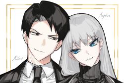 Rule 34 | 1boy, 1girl, angelica (project moon), black eyes, black hair, black jacket, black necktie, black sweater, blue eyes, character name, closed mouth, collared shirt, commentary, grey hair, highres, jacket, leaning on person, library of ruina, light smile, long hair, necktie, orururuu, parted lips, project moon, ribbed sweater, roland (project moon), shirt, short hair, simple background, sweater, teeth, turtleneck, turtleneck sweater, white background, white shirt, wing collar