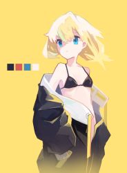 Rule 34 | 1girl, absurdres, bikini, bikini top only, black bikini, blonde hair, blue eyes, breasts, color guide, expressionless, highres, long sleeves, natsu-no-kamisama, off shoulder, original, red background, short hair, small breasts, solo, swimsuit