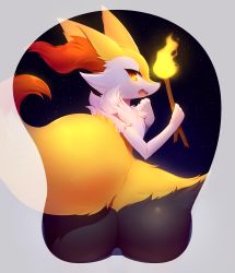 Rule 34 | 1girl, animal ears, animal hands, ass, ass mousepad, braixen, creatures (company), fang, female focus, fire, fox ears, fox tail, from behind, furry, furry female, game freak, gen 6 pokemon, hand to own mouth, hands up, highres, looking at viewer, looking back, looking to the side, mousepad, mousepad (medium), night, nintendo, open mouth, pokemon, pokemon (creature), simple background, sky, smile, solo, standing, star (sky), starry sky, stick, tail, teeth, white-castle, white background, yellow eyes