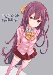 Rule 34 | 1girl, alternate costume, artist name, blazer, bow, bowtie, collared shirt, dated, dress shirt, feet out of frame, grey background, hair bow, highres, jacket, kamikaze (kancolle), kantai collection, long hair, looking at viewer, one-hour drawing challenge, pink jacket, pink thighhighs, pleated skirt, puddinghomhom, purple eyes, purple hair, red skirt, shirt, skirt, solo, standing, thighhighs, two-tone background, white shirt, yellow bow, yellow bowtie