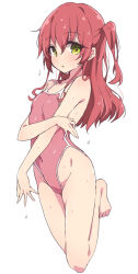 Rule 34 | 1girl, barefoot, blush, bocchi the rock!, breasts, green eyes, hair between eyes, highleg, highleg swimsuit, highres, kita ikuyo, long hair, looking at viewer, mel (melty pot), one-piece swimsuit, one side up, red hair, red one-piece swimsuit, simple background, small breasts, solo, swimsuit, wet, wet hair, white background
