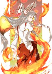 Rule 34 | 1girl, absurdres, baggy pants, bow, collared shirt, fire, from behind, fujiwara no mokou, hair bow, highres, jewelry, long hair, long sleeves, looking at viewer, looking back, mr. pepe r, multicolored hair, ofuda, pants, red eyes, red pants, ribbon, ring, shirt, sidelocks, silver hair, sleeve garter, solo, standing, suspenders, touhou, two-tone hair, very long hair, white bow, white shirt
