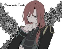 Rule 34 | 1boy, black nails, blood, blood on hands, brown eyes, copyright name, dance with devils, jek (dance with devils), long hair, long sleeves, low ponytail, male focus, open mouth, qi7pi, red hair, solo, vampire, white background