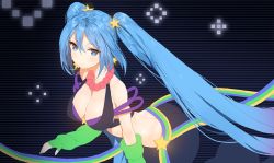 Rule 34 | 1girl, alternate costume, arcade sona, arm warmers, bad id, bad twitter id, blue eyes, blue hair, blue nails, blush, breasts, cleavage, crosshair, fingerless gloves, gloves, hair ornament, jewelry, large breasts, league of legends, long hair, matching hair/eyes, midriff, mx2j, nail polish, necklace, smile, solo, sona (league of legends), twintails, very long hair