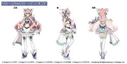 Rule 34 | 1girl, breasts, character sheet, cleavage, clenched hand, clothing cutout, frills, gloves, grey footwear, hair ears, high heels, long hair, magical girl, maria cadenzavna eve, medium breasts, multiple views, navel, official art, pink eyes, senki zesshou symphogear, senki zesshou symphogear xd unlimited, single glove, smile, stomach cutout, thighhighs, tiara, v-shaped eyebrows, very long hair, white gloves