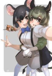 Rule 34 | 3girls, :d, = =, animal ear fluff, animal ears, black hair, blue bow, blue neckwear, bow, bowtie, brown eyes, brown hair, buck teeth, capybara (kemono friends), capybara ears, chinchilla (kemono friends), chinchilla ears, chinchilla tail, chinese zodiac, commentary request, degu (kemono friends), elbow gloves, gloves, green hair, grey background, hair between eyes, high-waist shorts, highres, hug, hug from behind, juliet sleeves, kemono friends, pantyhose under shorts, long sleeves, looking at viewer, multicolored hair, multiple girls, open mouth, outstretched arm, pantyhose, puffy sleeves, selfie, shirt, short hair, shorts, simple background, sleeping, smile, suspender shorts, suspenders, tail, teeth, thin (suzuneya), trait connection, upper teeth only, v, white legwear, white shirt, year of the rat