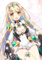 Rule 34 | 1girl, absurdres, bare legs, bare shoulders, blonde hair, breasts, chest jewel, cleavage, cleavage cutout, clothing cutout, dress, earrings, elbow gloves, gloves, highres, jewelry, large breasts, long hair, mythra (xenoblade), short dress, solo, swept bangs, thigh strap, tiara, very long hair, watsuki ayamo, white dress, white gloves, xenoblade chronicles (series), xenoblade chronicles 2, yellow eyes