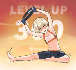 Rule 34 | armpits, arms up, belly, bike shorts, black shorts, blonde hair, controller, exercising, fingerless gloves, game controller, gloves, highres, holding, holding controller, holding game controller, level up, mubo, nintendo switch, on floor, open mouth, orange background, original, ring fit adventure, shaking, shirt, shorts, sitting, sweat, sweatdrop, white shirt, yellow eyes