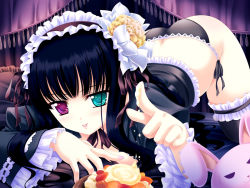 Rule 34 | 1girl, :p, akino shin, aqua eyes, ass, back, bad id, bad pixiv id, black panties, black thighhighs, blue hair, butt crack, cream, flower, food, frilled thighhighs, frills, fruit, gathers, gothic lolita, hair flower, hair ornament, hair ribbon, hairband, heterochromia, lace, lolita fashion, long hair, looking at viewer, no pants, original, panties, pastry, purple eyes, ribbon, side-tie panties, solo, strawberry, stuffed animal, stuffed rabbit, stuffed toy, thighhighs, tongue, tongue out, top-down bottom-up, underwear