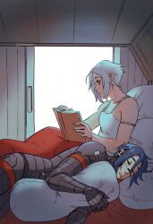 Rule 34 | android, ariane yeong, bed, book, camisole, closed eyes, cyberpunk, elster (signalis), joints, maarika, metal skin, robot girl, robot joints, science fiction, short hair, signalis, spacecraft interior, white hair, yuri