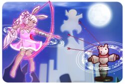 Rule 34 | 1girl, animal ears, arrow (projectile), barefoot, blue sky, border, bow (weapon), breasts, clothing cutout, commentary request, dark-skinned female, dark skin, drawing bow, dummy, fingernails, full body, full moon, hair ribbon, high ponytail, highres, holding, holding bow (weapon), holding weapon, kittenup, long hair, looking to the side, magic circle, medium bangs, moon, nail polish, night, open mouth, pink eyes, pink hair, pink ribbon, rabbit and steel, rabbit ears, rabbit girl, ribbon, short sleeves, shoulder cutout, sky, small breasts, sniper rabbit, solo, star (sky), starry sky, toenail polish, toenails, very long hair, weapon, white border, white nails