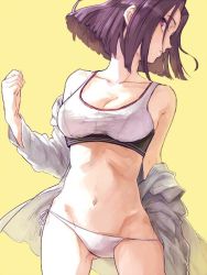 Rule 34 | 1girl, breasts, cleavage, dress shirt, gluteal fold, groin, groin tendon, kantai collection, looking away, medium breasts, mossan351, navel, partially undressed, purple eyes, purple hair, shirt, short hair, solo, sports bra, tatsuta (kancolle), yellow background