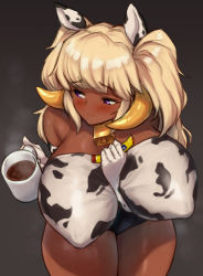 Rule 34 | 1girl, animal print, bell, bikini, blonde hair, blush, breast suppress, breasts, bursting breasts, coffee, covered erect nipples, cow print, cowbell, cup, dark elven forest ranger, elbow gloves, gloves, highres, horns, hot chocolate, huge breasts, last origin, long hair, micro bikini, mug, neck bell, nestkeeper, plump, purple eyes, shiny skin, short twintails, solo, swimsuit, twintails, upper body, very long hair