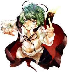 Rule 34 | 1girl, antennae, black cape, black ribbon, black shorts, buttons, cape, card, collared shirt, commentary request, green eyes, green hair, grin, holding, holding card, long sleeves, looking at viewer, neck ribbon, red cape, reverse trap, ribbon, shin&#039;ichi (yokosuka220), shirt, short hair, shorts, simple background, smile, solo, spell card, touhou, two-sided cape, two-sided fabric, upper body, white background, white shirt, wriggle nightbug