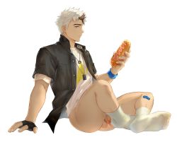 Rule 34 | 1boy, ass, bandaid, bandaid on leg, black gloves, black hair, black shirt, blue eyes, bottomless, collared shirt, fingerless gloves, flaccid, food, gloves, highres, holding, holding food, hot dog, indian style, jewelry, looking at viewer, male focus, multicolored hair, necklace, nude, open clothes, open shirt, original, penis, pmoazi, shirt, short hair, single glove, sitting, socks, solo, t-shirt, thick thighs, thighs, two-tone hair, white background, white hair, wristband