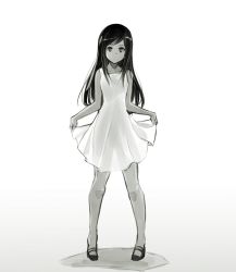 Rule 34 | 1girl, expressionless, greyscale, highres, holding, holding clothes, holding skirt, ishiyumi, long hair, mechanical buddy universe, monochrome, science fiction, sepia, skirt, solo, translucent