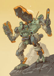 Rule 34 | 2boys, absurdres, age of mecha, armor, artist name, box art, cockpit, commentary, dual wielding, english commentary, gun, heavy (age of mecha), helmet, highres, holding, holding gun, holding weapon, looking to the side, mecha, multiple boys, official art, open hatch, power armor, robbie trevino, robot, science fiction, sitting, weapon