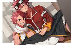 Rule 34 | 2boys, bare shoulders, barefoot, blush, fairy tail, feet, goggles, jacket, looking at another, looking at viewer, male focus, multiple boys, natsu dragion, natsu dragneel, pants, pink hair, scarf, selfcest, sitting, smile, spiked hair, straddling, teeth, toes, vest, yaoi, yaowu