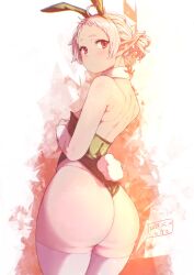 Rule 34 | 1girl, animal ears, arm under breasts, ass, ass focus, bare shoulders, blush, breasts, closed mouth, collar, cowboy shot, dated, detached collar, elf, fake animal ears, fake tail, from behind, green leotard, hair bun, highleg, highleg leotard, highres, kiyo (a sam ko), leotard, looking at viewer, looking back, mushoku tensei, playboy bunny, pointy ears, rabbit ears, rabbit tail, red eyes, short hair, shoulder blades, signature, small breasts, solo, strapless, strapless leotard, sylphiette (mushoku tensei), tail, thighhighs, thong leotard, white collar, white hair, white thighhighs, white wrist cuffs, wrist cuffs