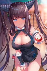 Rule 34 | 1girl, arm warmers, bare shoulders, black dress, blue eyes, blurry, blurry background, breasts, cleavage, commentary request, cowboy shot, depth of field, dress, fate/grand order, fate (series), food, fruit, hair ornament, hand on own thigh, highres, holding, large breasts, long hair, looking at viewer, lychee, outstretched arm, purple hair, revision, sleeveless, sleeveless dress, smile, solo, thigh gap, thighs, twintails, usagihime, very long hair, yang guifei (fate), yang guifei (second ascension) (fate)