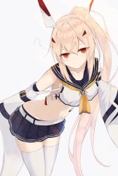Rule 34 | 1girl, ?, alternate costume, ayanami (azur lane), azur lane, blonde hair, blue skirt, breasts, closed mouth, collarbone, long hair, looking at viewer, lows., medium breasts, navel, red eyes, skirt, solo, stomach, tagme, thighhighs, upturned eyes, white background, white thighhighs, zettai ryouiki