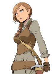 Rule 34 | 10s, 1girl, arms at sides, bag, belt, between breasts, braid, breasts, brown eyes, brown hair, cowboy shot, enami katsumi, from side, gloves, high collar, isekai shokudou, knife, sarah gold, sheath, sheathed, shoulder bag, simple background, single braid, sleeves rolled up, solo, standing, strap between breasts, surprised, swept bangs, vest, white background